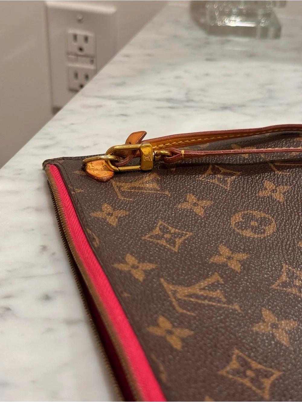 Louis Vuitton Brown Monogram Clutch with Pink Trim